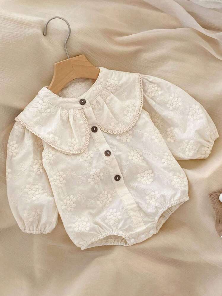 New Baby Clothes, Baby Girl Bodysuit, Floral Embroidery Collar, Long Sleeve Lightweight , Baby Loose Bodysuit, Loose Lantern Sleeve, Slightly Larger Size, Slim Baby Please Choose Smaller Size, Baby Please Choose Normal Size - Beige - View 1