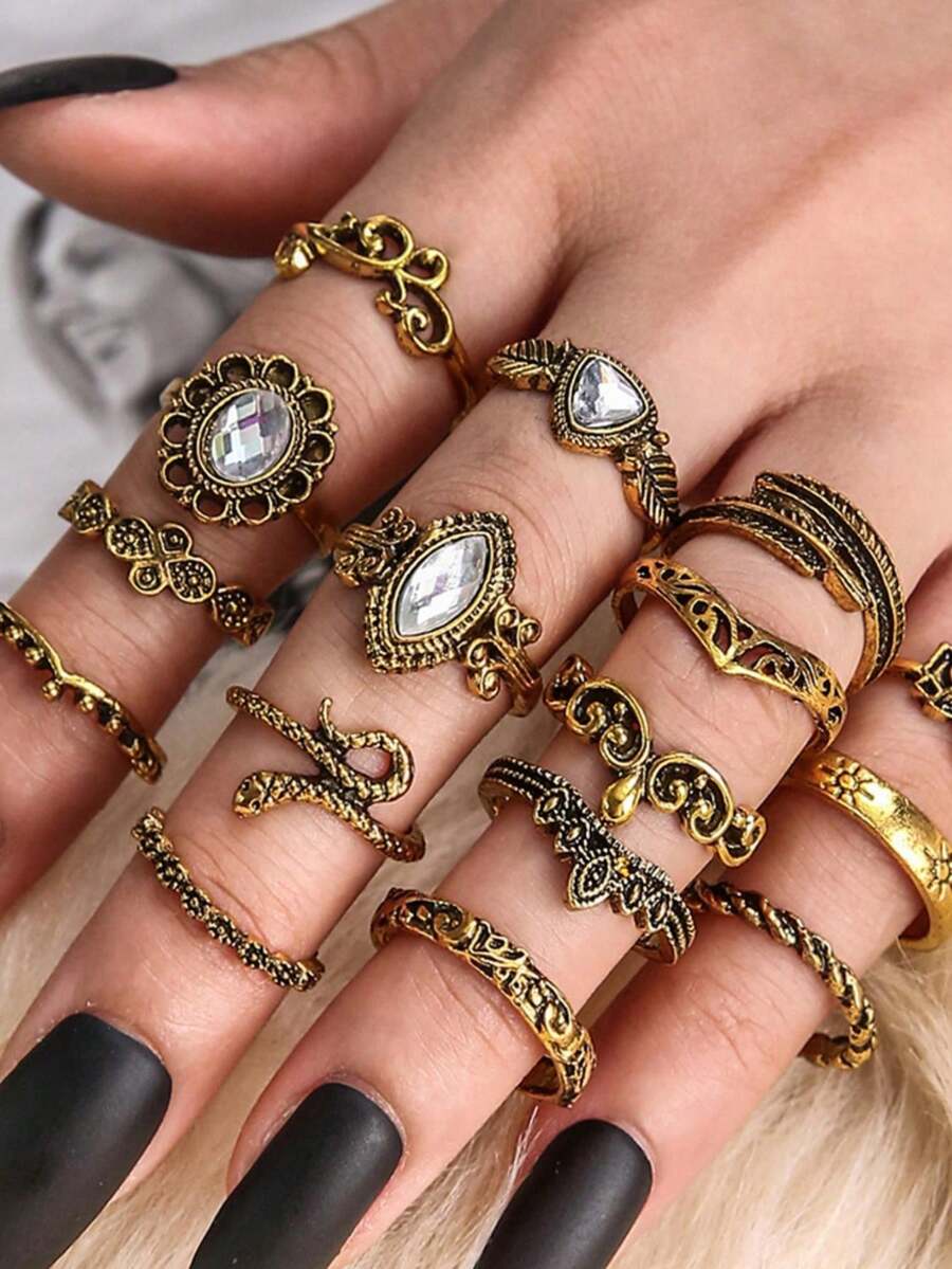 16 cái/bộ Retro Quá quắt Chạm khắc Hoa Con rắn Lá hình Nhẫn Với To lớn Đá quý & Hoa sen Thiết kế - Nhiều màu - Xem 1