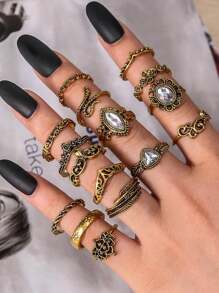16 cái/bộ Retro Quá quắt Chạm khắc Hoa Con rắn Lá hình Nhẫn Với To lớn Đá quý & Hoa sen Thiết kế - Nhiều màu - Xem 2