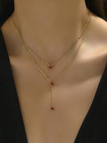 方晶鋯石裝飾多層吊墜項鍊 - 酒紅色 - 查看 3