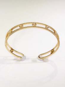 18k镀金镂空几何水钻微镶锆石铜戒指，可调节尺寸，奢华宽版，优雅女士礼物 - 金戒指 - 查看 6