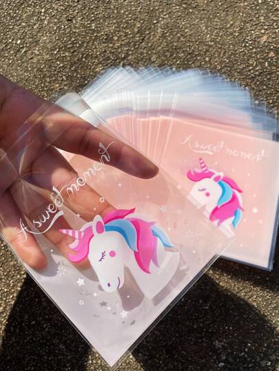 100pcs 5.12inch*3.94inch Cute Unicorn Printed Self-Sealing Bags, Pink Animal Printed Small Cards/Items Decor OPP Bags, For Party Promotion Gifts Packaging Valentine Day