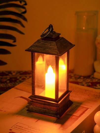 1pc Vintage Bronze Decorative Square Lantern, Home Decor Tabletop Lamp For Festival