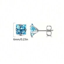 1 Pair Minimalist Stainless Steel Square Colorful Synthetic Zirconia Stud Earrings, Suitable For Women's Daily Matching, Gatherings, Parties, Festivals, Jewelry Gifts - Golden Blue Zirconium - View 2