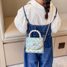 1入組閃亮亮的閃粉蝴蝶結和珍珠裝飾的女士/女孩斜肩袋 - 銀色 - 查看 1