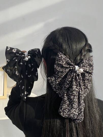 2 шт. Жіноча мода елегантні чорні ромашки Ditsy квіткові двошарові бантики перлинні заколки для волосся, підходять для щоденного носіння навесні та влітку