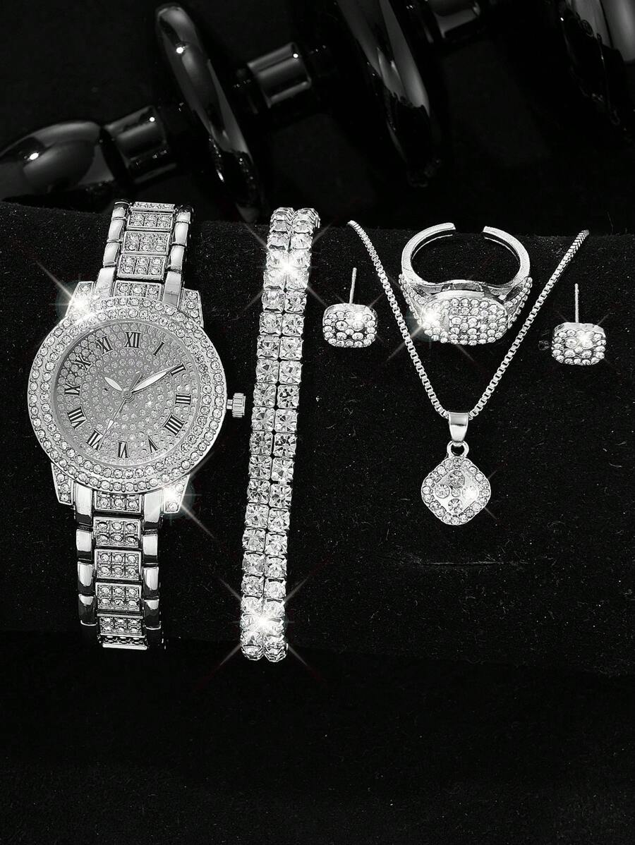 7pcs Ladies Watch Silver Rhinestone Decorated Ladies' Alloy Quartz Watch With Stainless Steel Strap, Business Casual Style, Roman Numeral Face, Comes With Alloy Bracelet, Necklace, Ring & Earrings Set - Silver - View 1