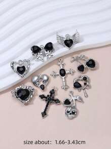 10pcs Random Y2k Alloy Diy Jewelry Making Charms; Cross, Bow, Heart, Gothic Style Pendant For Earring, Necklace Valentines - Black - View 2