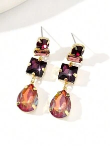 一对手工制作的多色仿锆石吊坠耳环，形状和颜色可能有所不同，花卉图案位置随机 - 紫色 - 查看 1