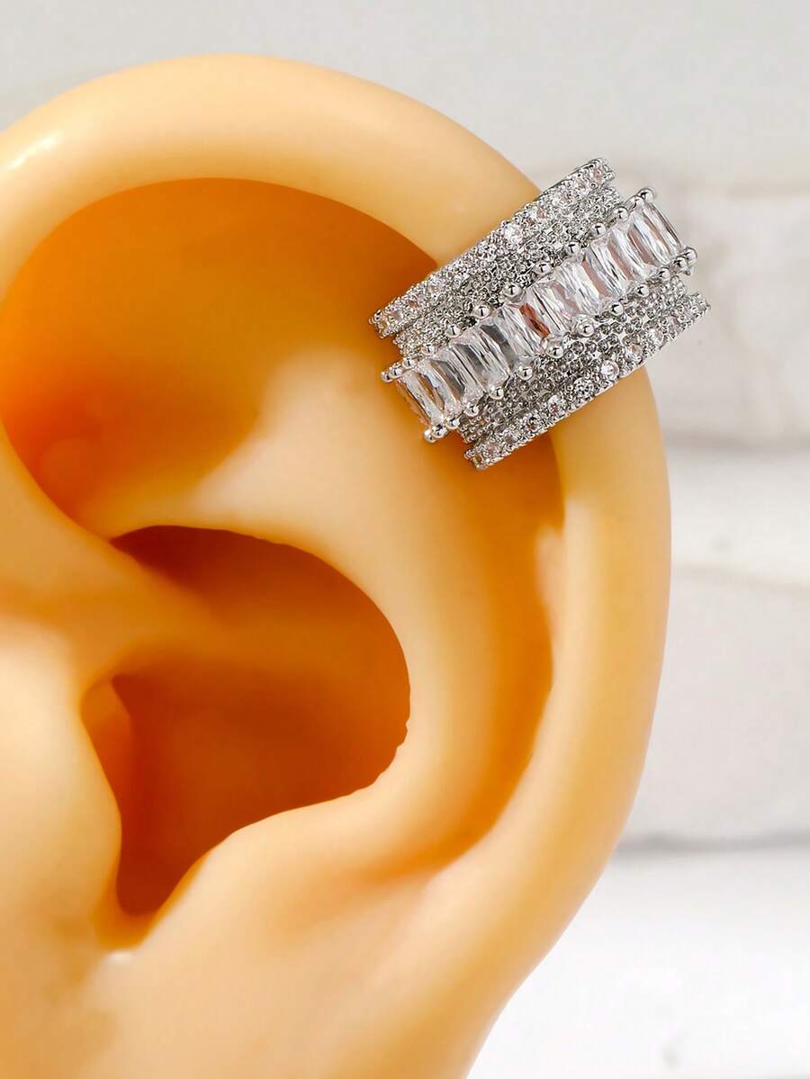 1pc Fashionable European And American Vintage Luxurious Cubic Zirconia Geometric C Shaped Ear Cuff For Women - Silver - View 1