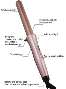 QHDJE 可旋轉電源線捲髮棒,25毫米/1英寸直徑,溫度控制,保護頭髮同時造型 - 玫瑰金 - 查看 3