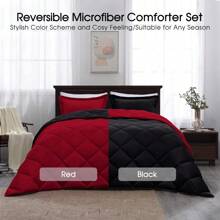 Queen Comforter Set - Red and Black Comforter Set Queen Size, Reversible Bed Comforter Queen Set for All Seasons, 1 Comforter (88"x92") and 2 Pillow Shams (20"x26"+2") - Red - View 4