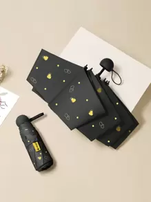 1把手持伞，黑色底色，金色爱心图案，简约时尚，六折设计，迷你轻便，开合方便，可轻松放入口袋或包包，晴雨两用，可阻挡紫外线，加厚伞布，加厚黑色胶水，加固伞架 - 黑色 - 查看 1