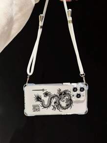 1pc Clear Tpu Phone Case With Dragon Pattern + 1pc White Nylon Lanyard Compatible With IPhone With Retractable Design - Clear - View 3