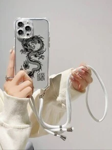 1pc Clear Tpu Phone Case With Dragon Pattern + 1pc White Nylon Lanyard Compatible With IPhone With Retractable Design - Clear - View 1