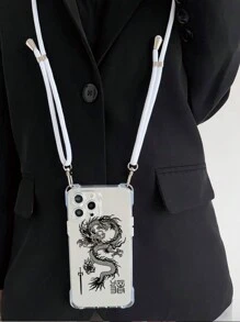 1pc Clear Tpu Phone Case With Dragon Pattern + 1pc White Nylon Lanyard Compatible With IPhone With Retractable Design - Clear - View 2
