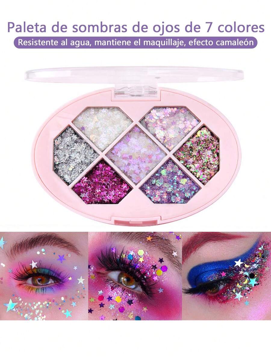 Paleta de sombras de ojos de 7 colores,camaleón óptico brillante, sombra de ojos de larga duración con brillo y bandeja de sombra de ojos con espejo, resaltado de ojos, sombras de ojos brillantes para mejillas Glitter Sequins,Brillo pequeño de sirena,Brillo para uñas,Paleta de maquillaje con purpurina,Sombras de ojos,con diamantes de imitación coloridos y brillo para actuación de baile Latino Y2K,con lentejuelas nacaradas resistentes al maquillaje de larga duración - Para niñas