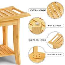 Bamboo Shower Bench with Storage Shelf ,Waterproof Anti-Slip Shower Stool for Shaving Legs or Spa Bath Seat in Bathroom & Inside Shower for Adults Seniors Elder - Tự nhiên - Xem 6