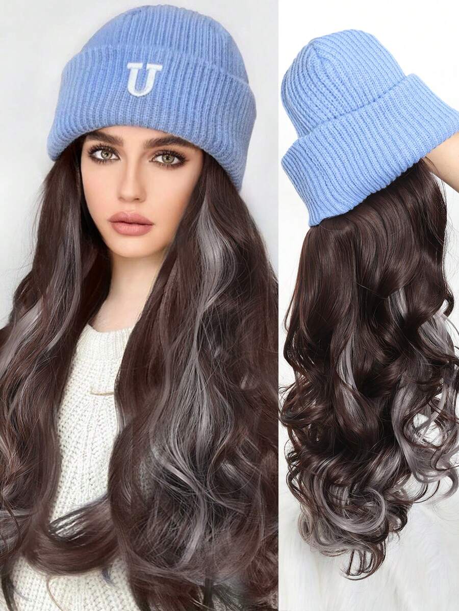 女性合成毛帽式假髮帽,長波浪髮型暖和柔軟的滑雪針織秋冬帽,耐高溫假髮 - 彩色 - 查看 1