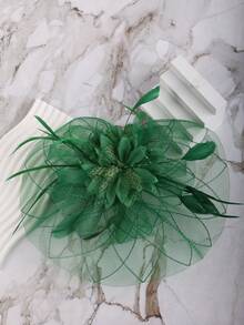 1pc Feather Flower Retro Mesh Headwear Fascinator For Horse Racing Party Evening Performance, Women's Hair Clip Headband - Green - View 6