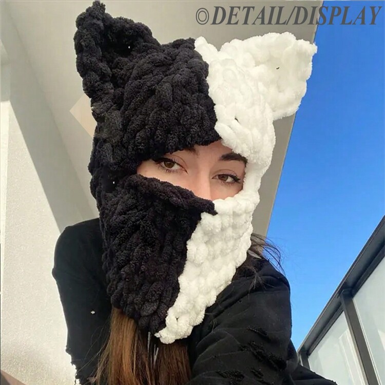 1 件男女通用針織無簷小便帽,冬季保暖全臉罩防風滑雪面罩,有趣的牛角拉法帽,乳白色 + 血跡 - 黑與白 - 查看 1