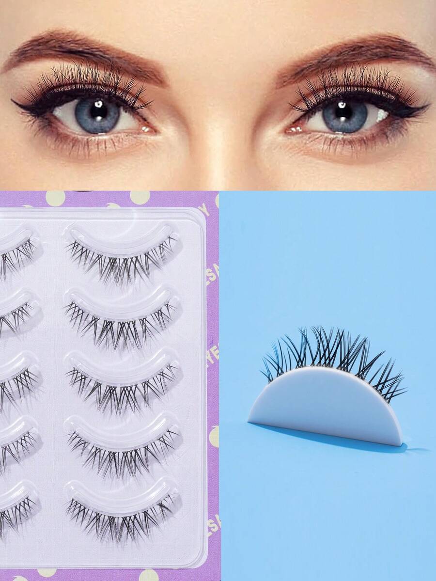 5入組自然交錯的魚尾假睫毛,清晰腳幹,0.5-1cm長度 - 黑色 - 查看 1