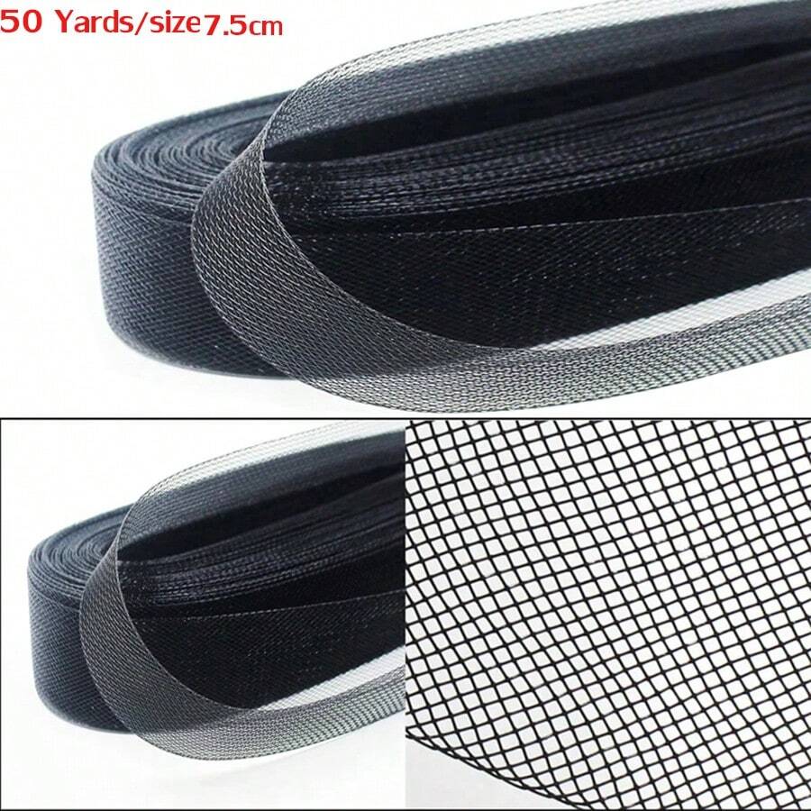 50 碼細軟網狀彈性聚酯馬毛編織絲帶,用於婚紗、正裝和舞蹈服裝縫紉配件 - 50碼/寬度7.5cm 黑色 - 查看 1