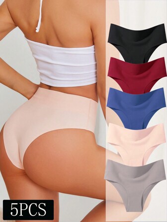 FINETOO 5pcs/Pack Women's Solid Color Seamless High Waist Casual Simple Panty With Wide Waistband