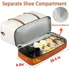 男士/女士週末旅行提包,設有鞋收納格和載具手柄,皮革健身包,適用於商務旅行、運動、學校、假日旅行,夜宿包,經典奢華的旅行套件,旅行必備品及其配件 - 白色 - 查看 2