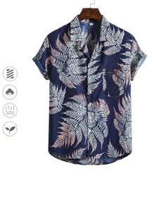 Hombres Camisa Con Estampado Tropical De Manga Corta Con Estampado De Plantas Para Hombre - Agua verde azul - Ver 3