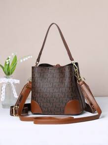 Letter Detail Bucket Bag, Fashion Top Handle Purse, Stylish Faux Leather Shoulder Bag - Mocha Brown - View 2