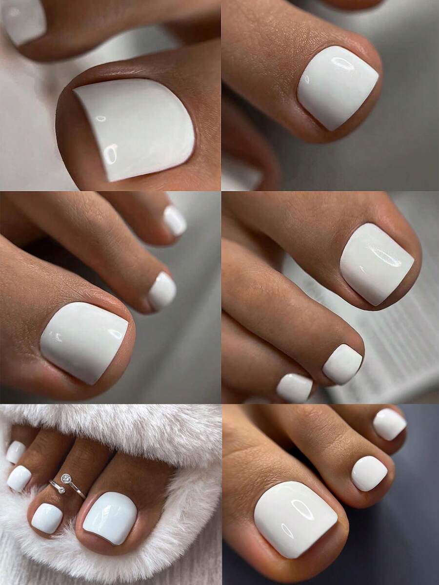 Bộ 24 móng chân giả vuông bằng acrylic, bao gồm 1 lọ gel dẻo và 1 dũa móng, thích hợp cho phụ nữ và bé gái làm móng hàng ngày, dụng cụ làm móng mùa hè. - trắng - Xem 1