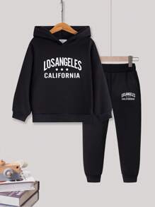 2件套年轻男孩字母印花连帽卫衣和裤子休闲装 - 黑色 - 查看 1