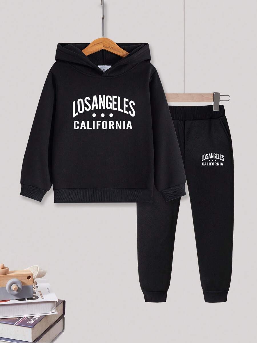 2件套年轻男孩字母印花连帽卫衣和裤子休闲装 - 黑色 - 查看 1