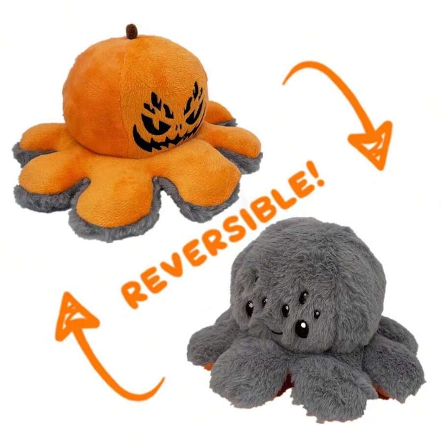 1pc Reversible Spider Jack-O-Lantern Plushie Double Cute Stuffed Reversible Octopus Doll Halloween Home Decoration Christmas Gift Halloween Decoration - Orange to Gray - View 1