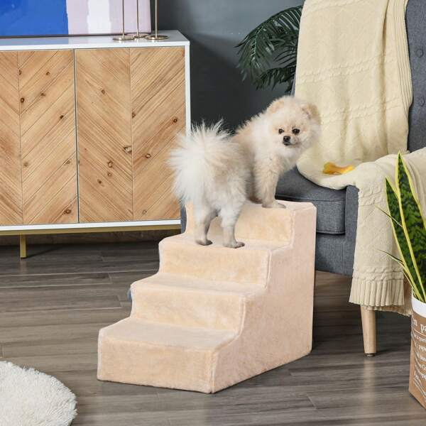 PawHut Haustiertreppe 4-stufige Hunderampe mit abnehmbarer Bezug Katzentreppe Hundetreppe Tiertreppe Plüsch Beige 60 x 35 x 44 cm