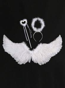 3 件套天然羽毛白色天使翅膀服裝套裝,適合節慶、攝影、舞台表演和角色扮演道具 - 白色 - 查看 5