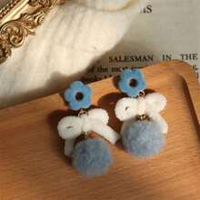 1pair Winter Fluffy Earrings Fresh And Simple Haze Blue Pom Pom Stud Earrings With Bowknot Gift For Women, Girls - Blue - View 1
