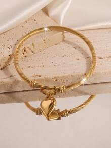 1 件时尚、轻奢设计、简约不锈钢爱心手链，适合女性日常出勤佩戴，不会褪色 - 金色 - 查看 11