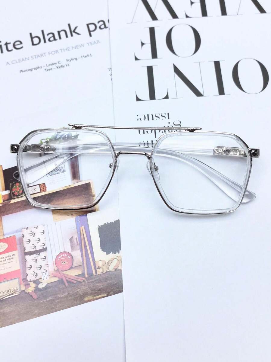 1 件时尚复古风格双梁眼镜架，带透明边框，适合男士日常阅读和工作 - 無色 - 查看 1