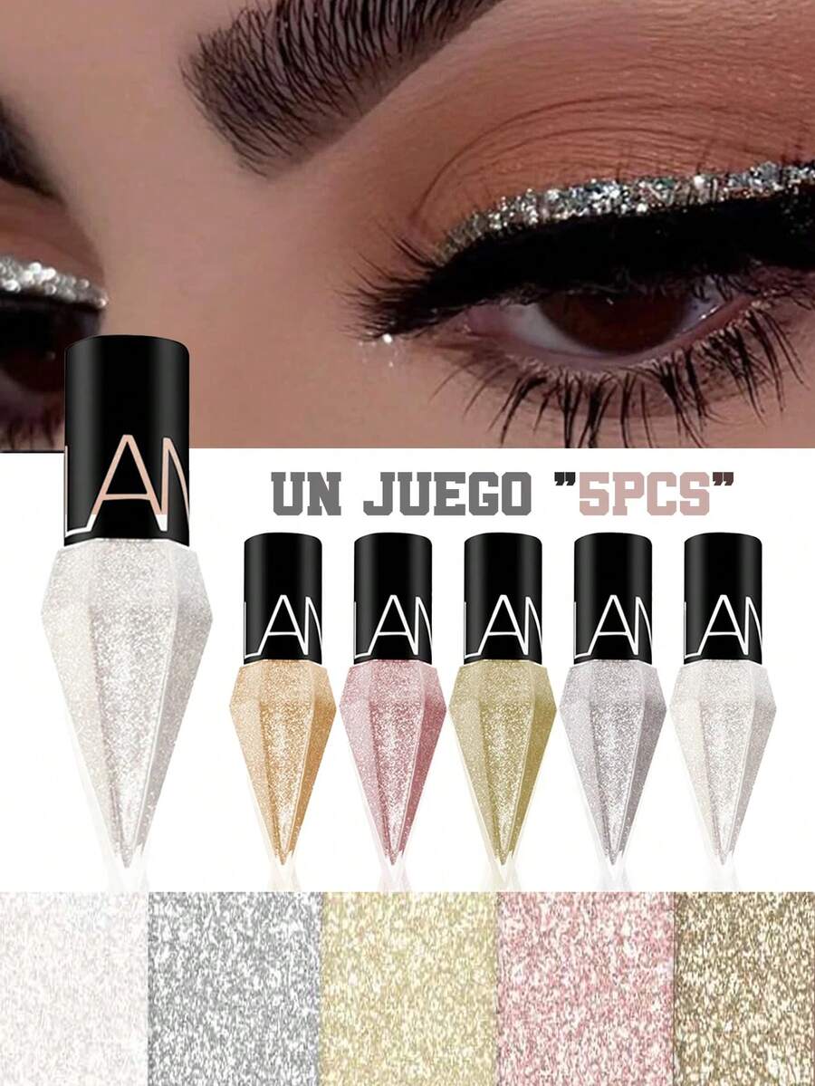 5pcs/Set Shiny Rhinestone Eyeliners Waterproof Eyeshadow Rose Gold Silver Color Glitter Sequin Eyeliner Eye Shadow Makeup Y2K Beauty Cosmetics - Khaki - View 1
