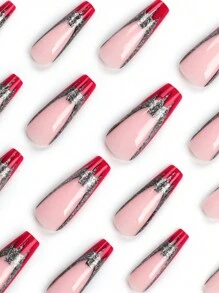 24pcs Black Glitter Bat French Tip Nail Tips With Red Edge Coffin Shape False Nails - Multicolor - View 3