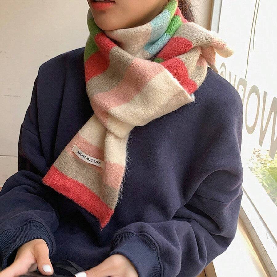 女士彩虹條紋短款圍巾,配馬鬃流蘇,適用於冬季 - 彩色 - 查看 1