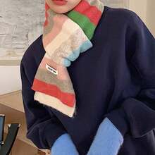 女士彩虹條紋短款圍巾,配馬鬃流蘇,適用於冬季 - 彩色 - 查看 2