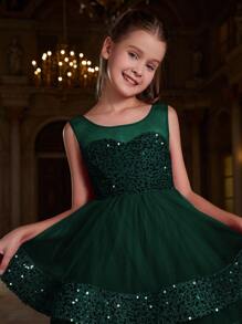 Tween Girls' A-Line Party Dress With Sequin & Layered Tulle Hem - Dark Green - View 7