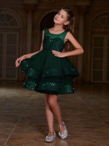 Tween Girls' A-Line Party Dress With Sequin & Layered Tulle Hem - Dark Green - View 5