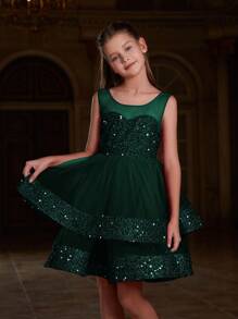 Tween Girls' A-Line Party Dress With Sequin & Layered Tulle Hem - Dark Green - View 6