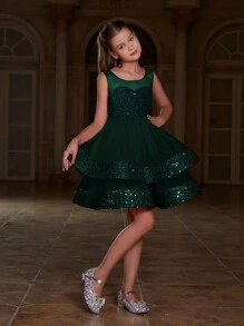 Tween Girls' A-Line Party Dress With Sequin & Layered Tulle Hem - Dark Green - View 4