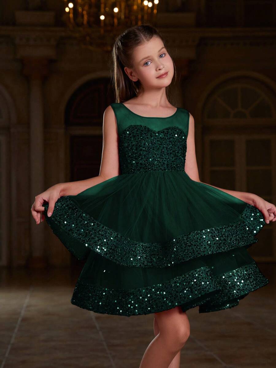 Tween Girls' A-Line Party Dress With Sequin & Layered Tulle Hem