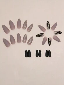 24 件裝長杏仁形優雅磨砂閃光法式假美甲套裝適合女學生日常穿著 - 彩色 - 查看 2